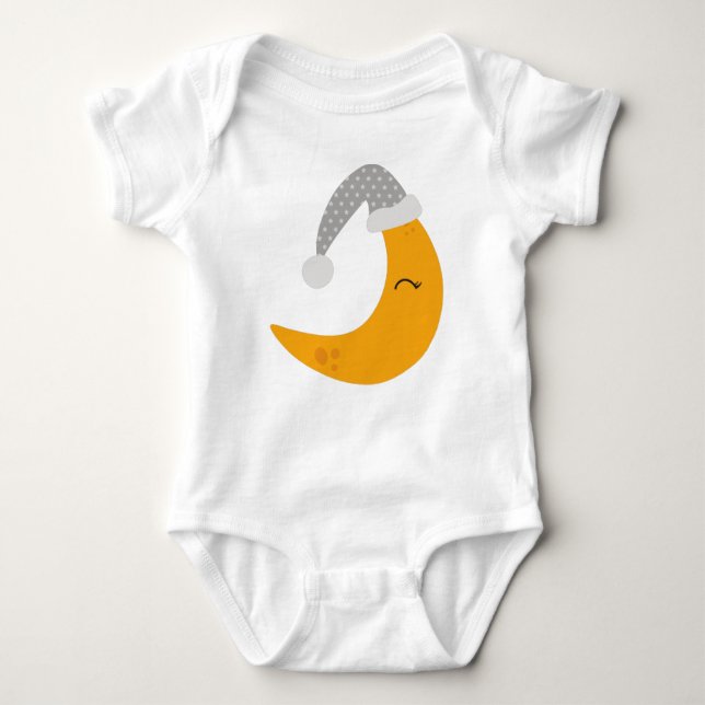 Sleeping Moon, Nightcap, Cute Moon, Yellow Moon Baby Bodysuit (Front)