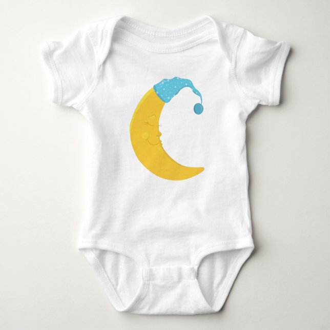 Sleeping Moon, Yellow Moon, Cute Moon, Nightcap Baby Bodysuit (Front)