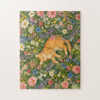 Sleeping Orange Cat in Wildflowers Puzzle | Waterc
