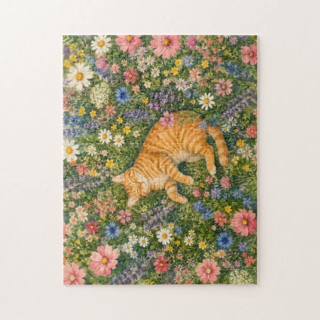 Sleeping Orange Cat in Wildflowers Puzzle | Waterc (Vertical)