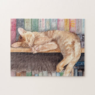 Sleeping Orange Tabby Cat on a Bookshelf Jigsaw Puzzle