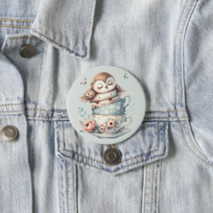 Sleeping Owl in Stacked Floral Teacups 7.5 Cm Round Badge