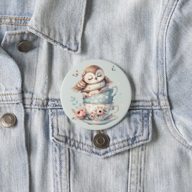 Sleeping Owl in Stacked Floral Teacups 7.5 Cm Round Badge (In Situ)