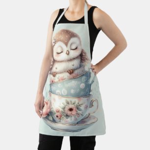 Sleeping Owl in Stacked Floral Teacups Apron