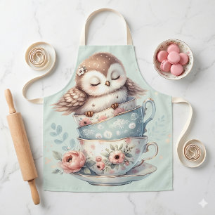 Sleeping Owl in Stacked Floral Teacups Apron