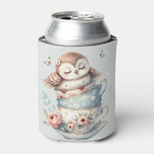 Sleeping Owl in Stacked Floral Teacups Can Cooler