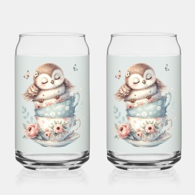 Sleeping Owl in Stacked Floral Teacups Can Glass (Front)