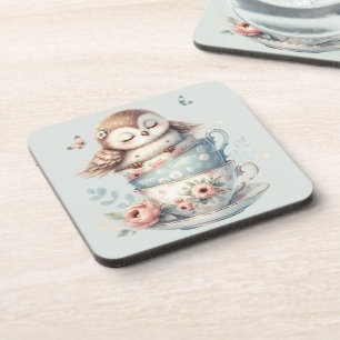 Sleeping Owl in Stacked Floral Teacups Coaster
