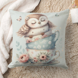 Sleeping Owl in Stacked Floral Teacups Cushion
