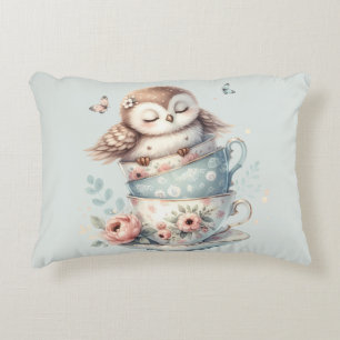 Sleeping Owl in Stacked Floral Teacups Decorative Cushion