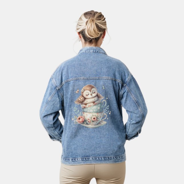 Sleeping Owl in Stacked Floral Teacups Denim Jacket (Model)