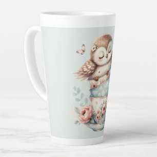Sleeping Owl in Stacked Floral Teacups Latte Mug
