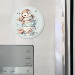 Sleeping Owl in Stacked Floral Teacups Magnet