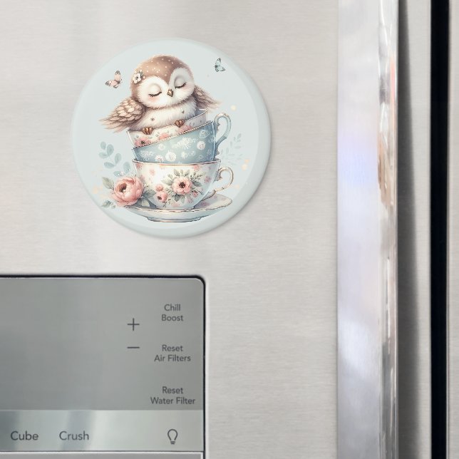 Sleeping Owl in Stacked Floral Teacups Magnet (In Situ (Fridge))