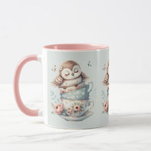 Sleeping Owl in Stacked Floral Teacups Mug