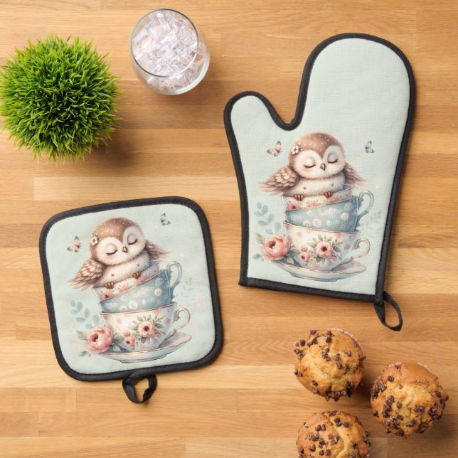 Sleeping Owl in Stacked Floral Teacups Oven Mitt & Pot Holder Set (Top Down)