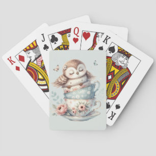 Sleeping Owl in Stacked Floral Teacups Playing Cards