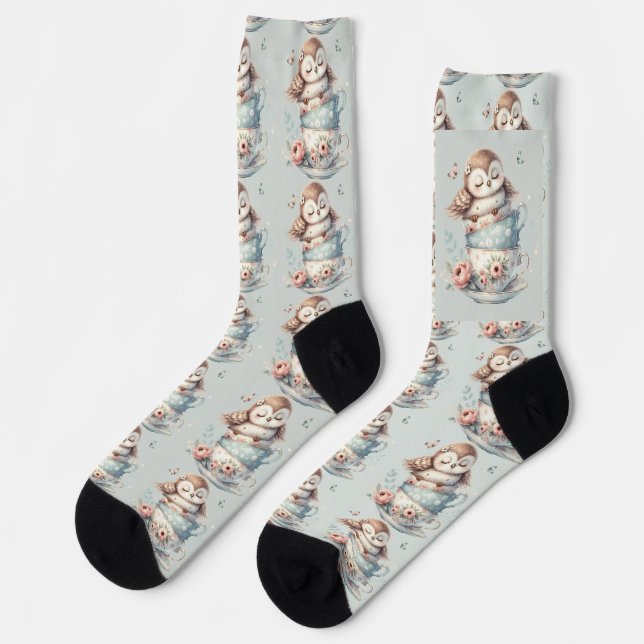 Sleeping Owl in Stacked Floral Teacups Socks (Left)