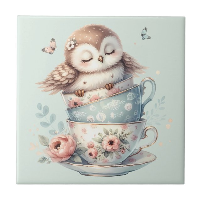Sleeping Owl in Stacked Floral Teacups Tile (Front)