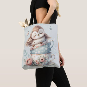 Sleeping Owl in Stacked Floral Teacups Tote Bag