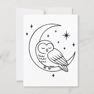 Sleeping Owl on Crescent Moon Line Art Postcard