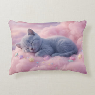 Sleeping Pastel Kitten on Fluffy Pink Clouds Art Decorative Cushion
