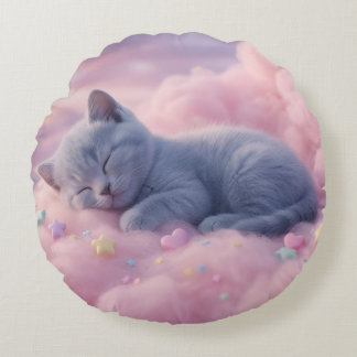 Sleeping Pastel Kitten on Fluffy Pink Clouds Art Round Cushion