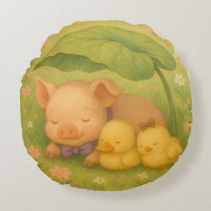 Sleeping Piglet and Ducklings, Watercolor by Nata Round Cushion