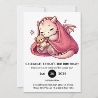 Sleeping Pink Baby Dragon with Teddy Birthday