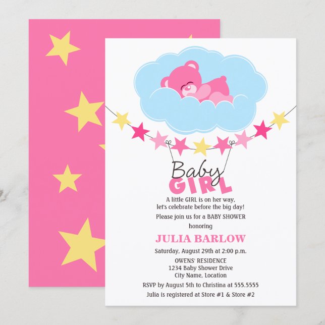 Sleeping Pink Girl Teddy Bear in Cloud Baby Shower Invitation (Front/Back)
