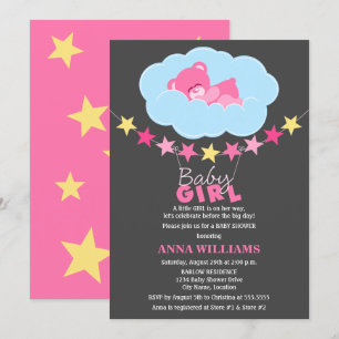 Sleeping Pink Girl Teddy Bear in Cloud Baby Shower Invitation