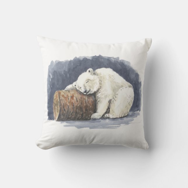 Sleeping polar bear, watercolor art cushion (Front)