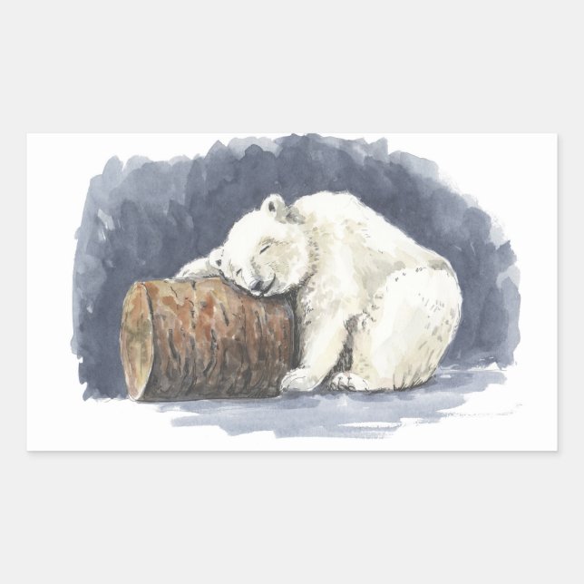 Sleeping polar bear, watercolor art rectangular sticker (Front)
