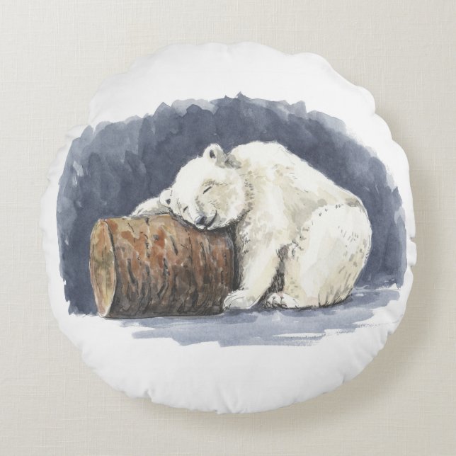 Sleeping polar bear, watercolor art round cushion (Front)
