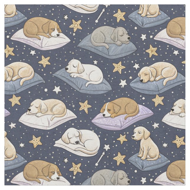 Sleeping Puppies Starry Night - Cute Dog Pattern Fabric (Close Up)