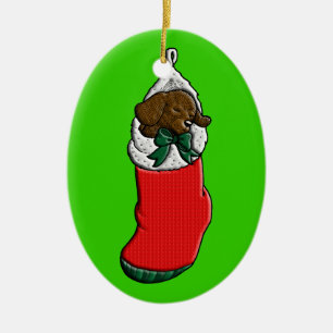 Sleeping Puppy in Christmas Stocking Ceramic Tree Decoration