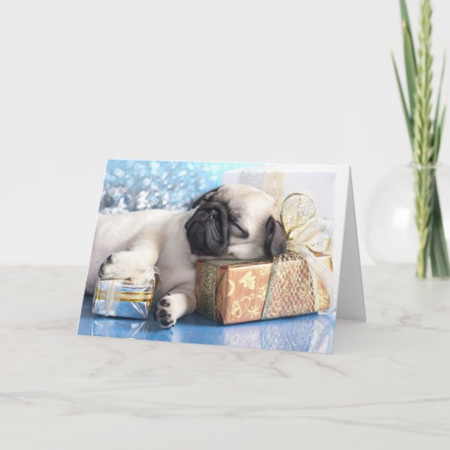Sleeping  puppy pug and Christmas gifts Holiday Card (Front)