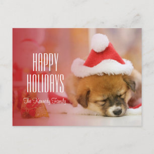 Sleeping puppy wearing a Santa hat Holiday Postcard