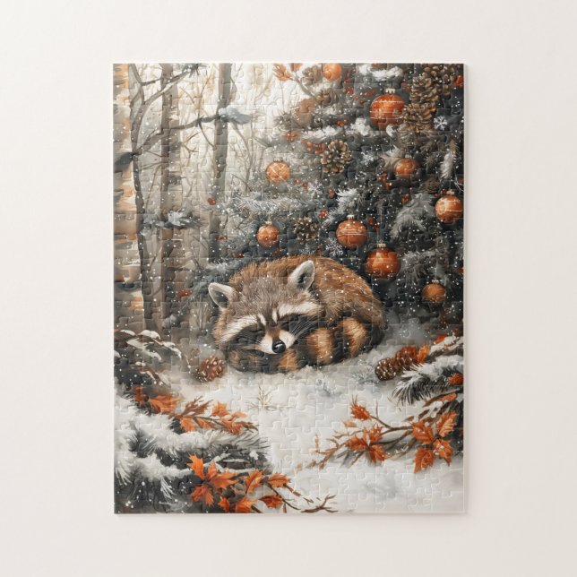 Sleeping Racoon Whimsical Rustic Christmas Jigsaw Puzzle (Vertical)
