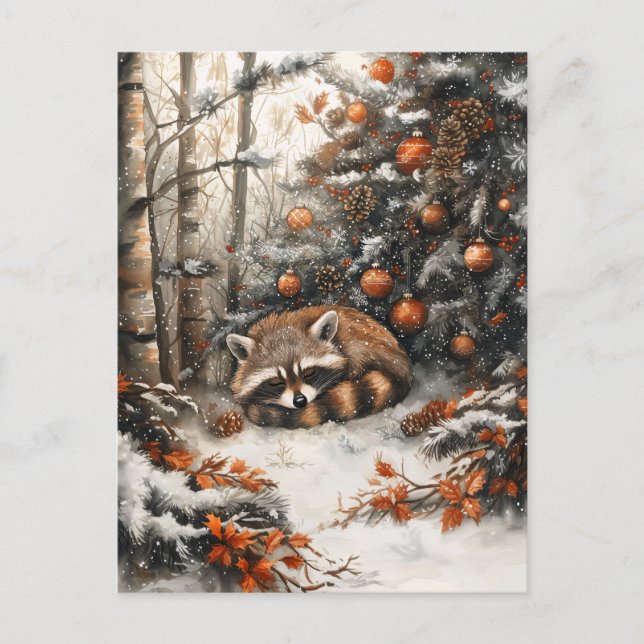 Sleeping Racoon Whimsical Rustic Christmas Postcard (Front)