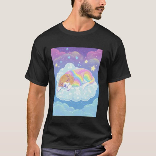 Sleeping Rainbow Dog Cloud Whimsical Art T-Shirt (Front)