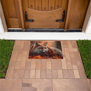 Sleeping Red Fox in a Cozy Autumn Scarf Doormat
