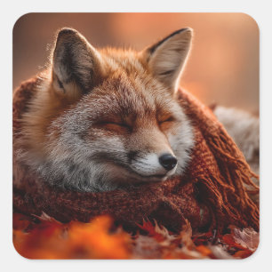 Sleeping Red Fox in a Cozy Autumn Scarf Square Sticker
