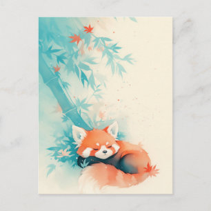 Sleeping Red Panda Under Blue Bamboo Postcard