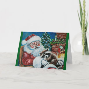 Sleeping Santa & Racoon Blank Greeting Card