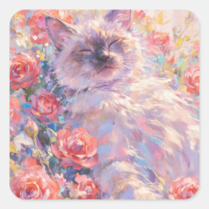 Sleeping Siamese cat in Red Roses Square Sticker