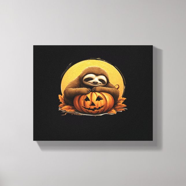 Sleeping Sloth and Halloween Pumpkin Classic T-Shi Canvas Print (Front)