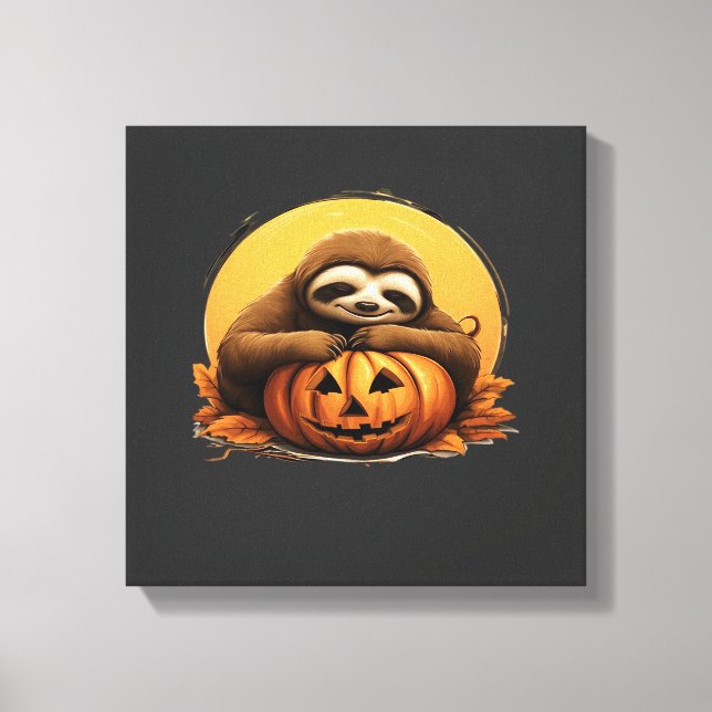 Sleeping Sloth and Halloween Pumpkin Classic T-Shi Canvas Print (Front)
