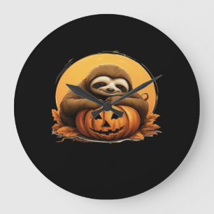 Sleeping Sloth and Halloween Pumpkin Classic T-Shi Large Clock
