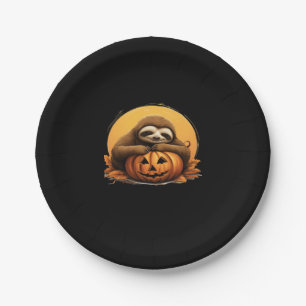 Sleeping Sloth and Halloween Pumpkin Classic T-Shi Paper Plate